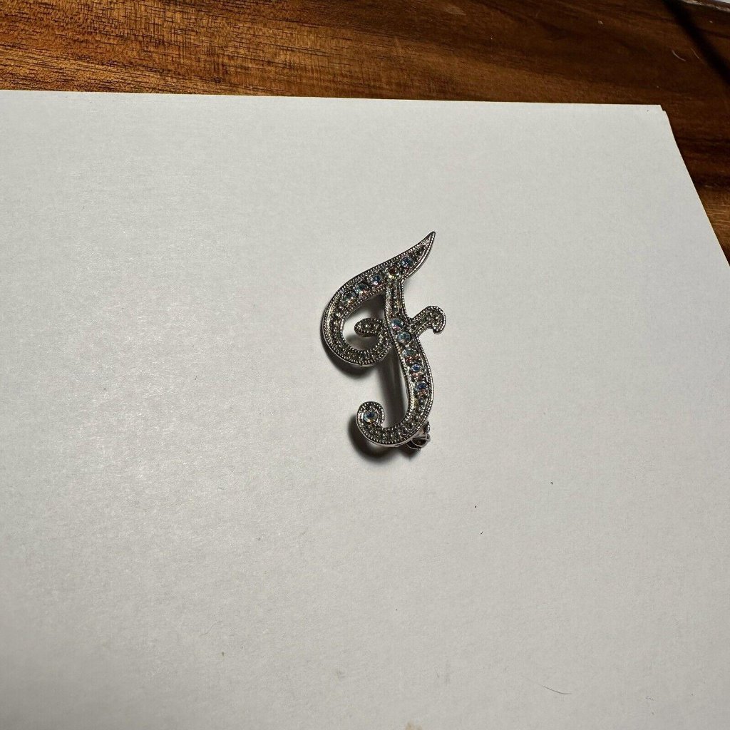 1928 Brand Brooch Pin Rhinestone / Silver Tone - Letter / Initial F